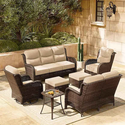 HILLGA Luxury Patio Furniture Set with 6-inch Thick Cushion, Outdoor Couch, Loveseat and High Back Swivel Rocker Patio Chairs, 7PCS Wicker Conversation Set for Deck Yard and Poolside, Beige (V2)