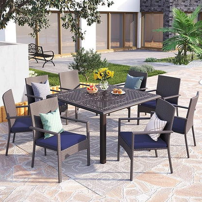 PHI VILLA 9 Pieces Outdoor Cast Aluminum Dining Set for 8, Square Metal Dining Table with Umbrella Hole & Cushioned Wicker Rattan Chairs, Dining Furniture Set for Patio, Deck, Yard and Porch