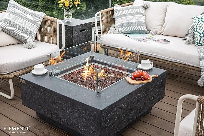 Elementi | Bundle Manhattan Gas Fire Pit Cast Concrete 36" Square Fire Table, Outdoor Fire Pit Electronic Ignition | Canvas Cover, Lava Rock Included | Dark Gray (Natural Gas)