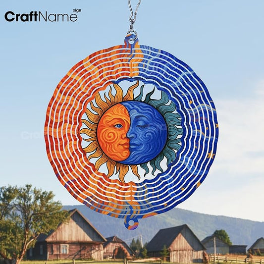 Personalized Sun & Lunar Wind Spinner 3D Stainless Steel, Sun Garden Spinner Hanging Outdoor Decor, Wind Spinners Outdoor, Custom Gift for Grandmother, Mom, Wife
