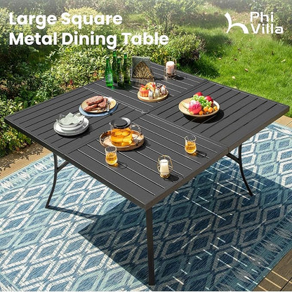 PHI VILLA 9 Piece Outdoor Patio Dining Set, Large Square Metal Dining Table and 8 Outdoor Swivel Dining Chairs, Patio Table and Gray Chair Furniture Dining Set for 8 Person