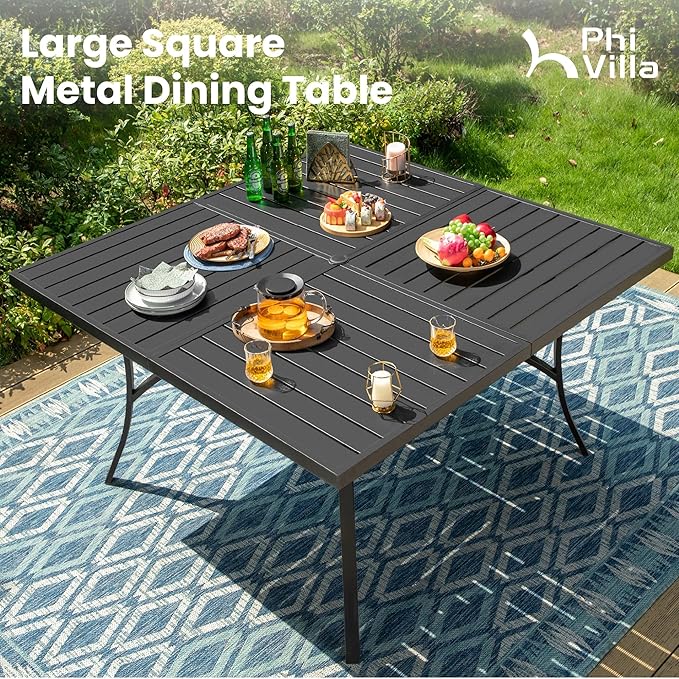 PHI VILLA 9 Piece Outdoor Patio Dining Set, Large Square Metal Dining Table and 8 Outdoor Swivel Dining Chairs, Patio Table and Blue Chair Furniture Dining Set for 8 Person