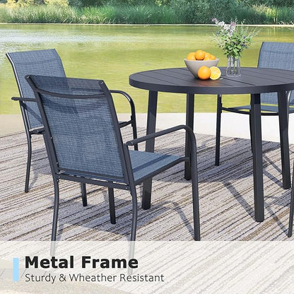 7 Pieces Round Dining Table Set for 6, Patio Dining Set Includes 6 Blue Stackable Patio Chairs and 1 Black Round Table Set of 6, Patio Furniture Sets with Sling Support for Outside, Garden