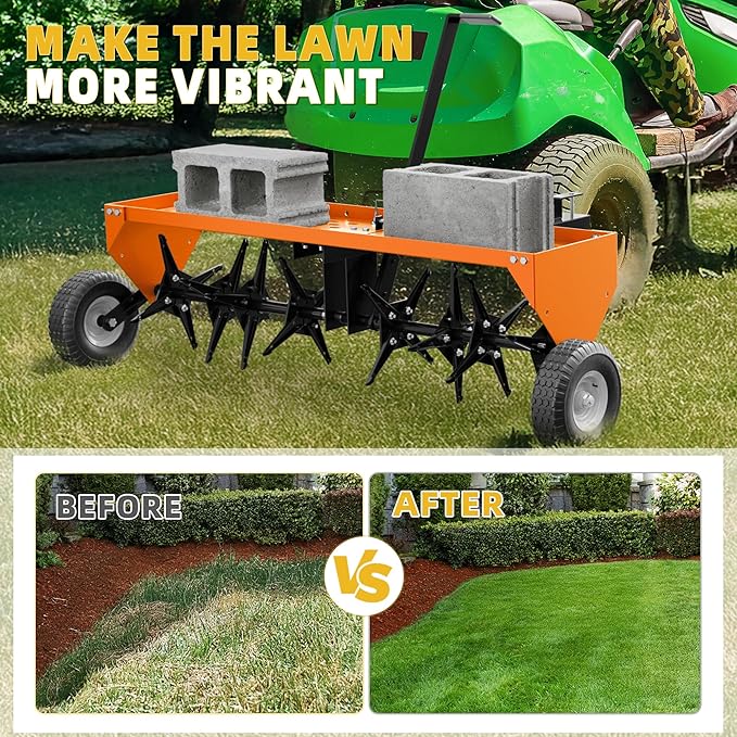 48" Lawn Aerator Tow Behind, Pull Behind Aerator with Universal Hitch, 32 Galvanized Steel Tines, Tray and Pneumatic Tires, Plug Behind Aerator is Suitable for Gardens, Lawns and Farms