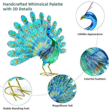 27.5in Tall Metal Peacock Garden Statue - Handmade, 3D Textured, Tail Spread Sculptures for Patio, Garden or Entryway.