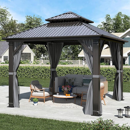 9.5' x 9.5' Hardtop Gazebo, Galvanized Steel Double Roof Gazebo with Nettings and Curtain Outdoor Aluminum Frame Vertical Stripes Roof Gazebos for Patio, Deck,Backyard