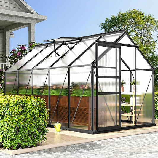 DWVO 6x10FT Polycarbonate Greenhouse Heavy Duty Green Houses Outdoor Aluminum Greenhouses with Sliding Doors Vent Window Walk-in Greenhouse Large Sun House for Garden Backyard, Black