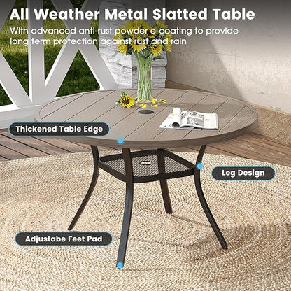 DIFY 5 Pieces Outdoor Patio Dining Set, 4 Sandshell Textilene Swivel Dining Chairs and 40.6" Grey Wood-Like Round Dining Table, Metal Outdoor Table and Chairs