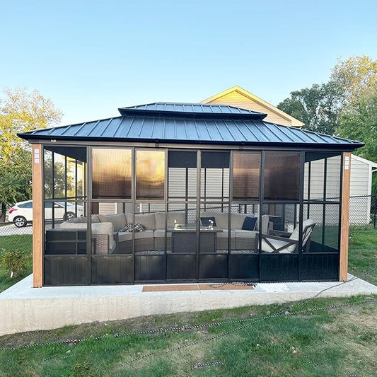 PURPLE LEAF 12' X 16' Sunroom Patio Hardtop Gazebo Double Top Galvanized Steel Roof Outdoor Screen House Aluminum Solarium Backyard Sun Room