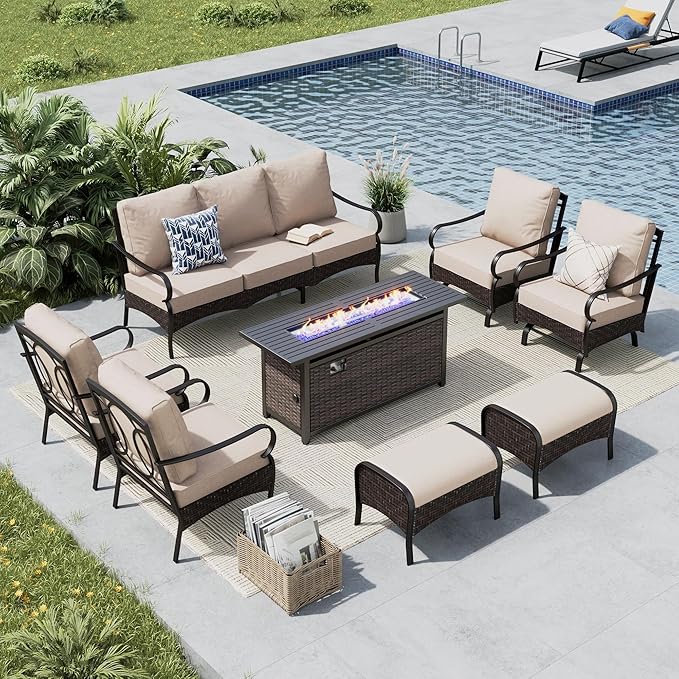 MFSTUDIO 8 PCS Outdoor Patio Furniture Set, Metal Outdoor Conversation Set, Rattan Wicker Patio Sectional, 2 x Fixed and Rocking Sofa, 3-Seat Sofa, 2 x Ottoman, 1 x Fire Pit Table, Beige