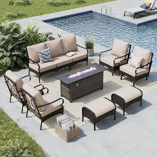 MFSTUDIO 8 PCS Outdoor Patio Furniture Set, Metal Outdoor Conversation Set, Rattan Wicker Patio Sectional, 2 x Fixed and Rocking Sofa, 3-Seat Sofa, 2 x Ottoman, 1 x Fire Pit Table, Beige