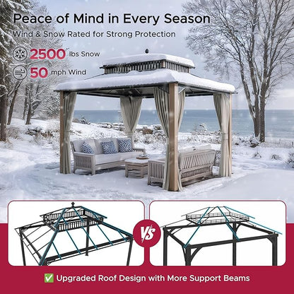 SUNJOY Kingston 12' x 10' Hardtop Gazebo with Galvanized Steel Double Roof, Curtain and Netting, Woodgrain Finish Aluminum Posts Permanent Pavilion Gazebo for Garden, Patio, Deck, Lawn