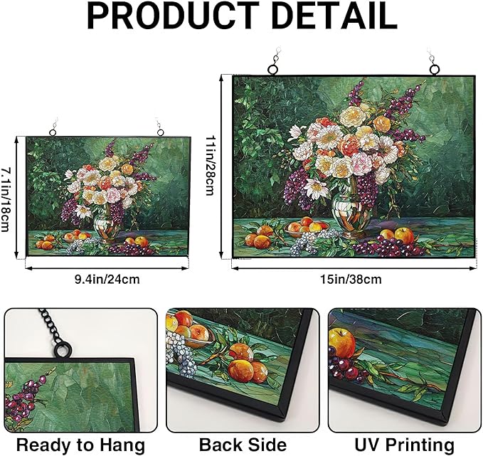 Customized Rectangle Flower Vase with Fruit Stained Glass Window Hangings, Handcrafted Stained Glass Suncatchers, Gift for Cat Lovers Nature Lovers 15"x11"
