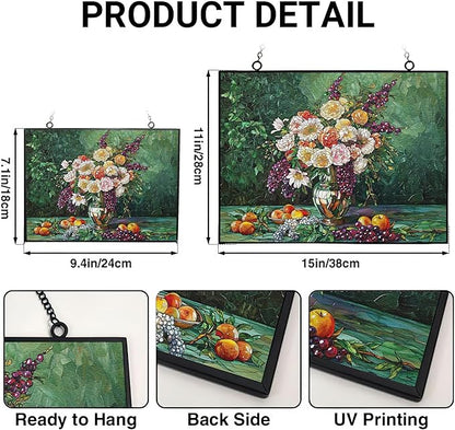 Customized Rectangle Flower Vase with Fruit Stained Glass Window Hangings, Handcrafted Stained Glass Suncatchers, Gift for Cat Lovers Nature Lovers 15"x11"