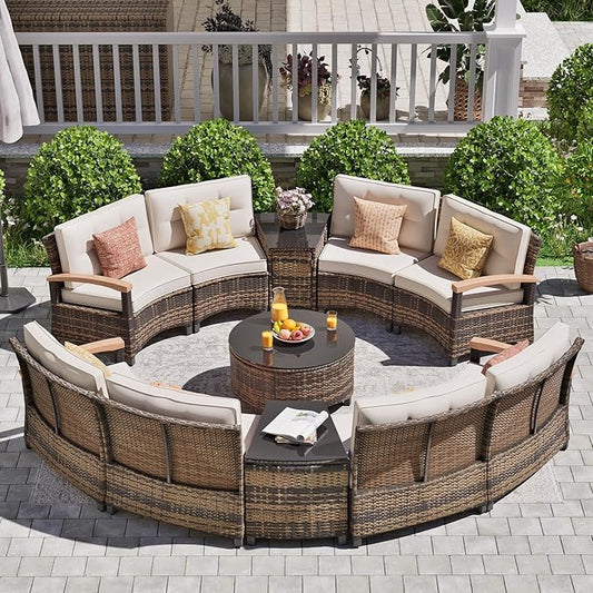 MEISSALIVVE 11 Piece Outdoor Patio Furniture Set, Half-Moon Curved Sectional Sofa Rattan Conversation Set with Wood Armrests, Coffee Table & 2 Side Table（Brown）