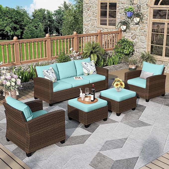 Patio Furniture Set, 5 Pcs Wicker Rattan Outdoor Conversation Set, 2 x Leg Chairs, 1 x 3 Seater Sofa and 2 x Ottoman with 4" Thick Cushion for Garden Backyard Deck, Blue