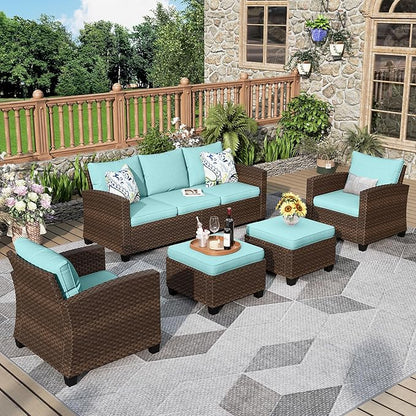 Patio Furniture Set, 5 Pcs Wicker Rattan Outdoor Conversation Set, 2 x Leg Chairs, 1 x 3 Seater Sofa and 2 x Ottoman with 4" Thick Cushion for Garden Backyard Deck, Blue