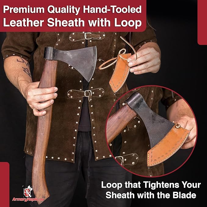 Armory Replicas™ Viking Saga Traditional Wooden Battle Axe Hand-Forged Iron Steel Blade, Rustic Finish, Fully Functional, 20.5” Overall Length Perfect for Camping, Reenactments, and Cosplay