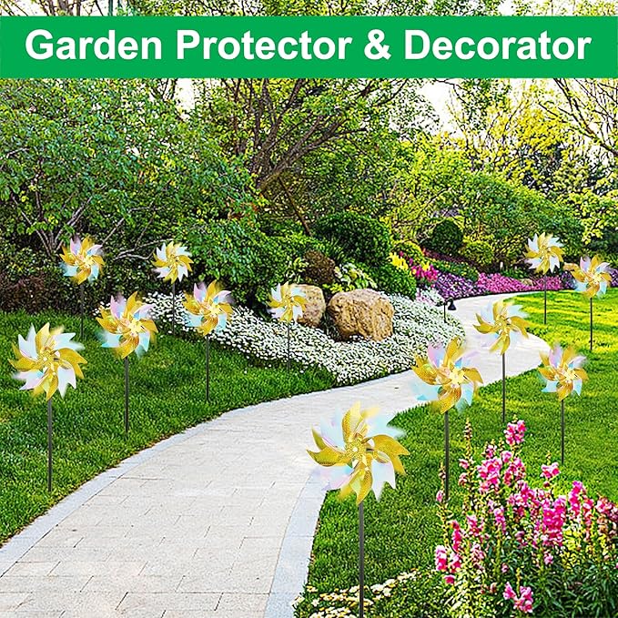 winemana 12 Pcs Reflective Pinwheels Outdoor, Wind Spinners for Yard & Garden, Sparkly Bird Repellent Windmill Scare Birds Away, Deterrent Devices for Outside Patio Lawn Spring Decor (Yellow)