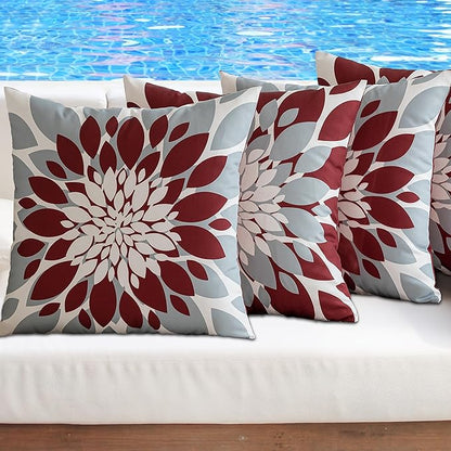 Qahing Pack of 4 Outdoor Waterproof Pillow Covers 22x22 Decorative Outdoor Throw Pillows Garden Square Cushion Cases for Patio Furniture, Couch, Tent Sunbrella, Bench, Burgundy Red Grey