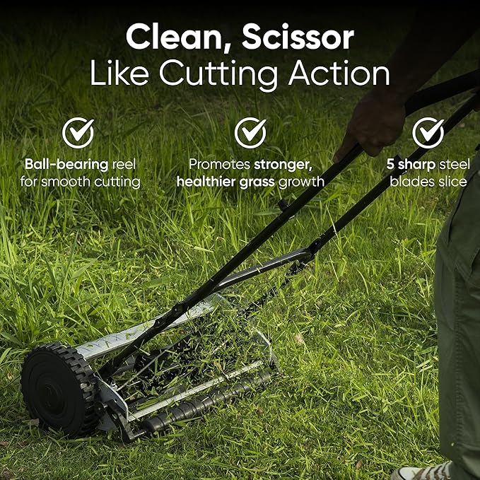 16" Push Reel Lawn Mower – Manual 5-Blade Hand Mower with Adjustable 3-Position Cutting Height (0.5"–1.75") – Lightweight, Eco-Friendly, Steel Blades – 2-Year Warranty
