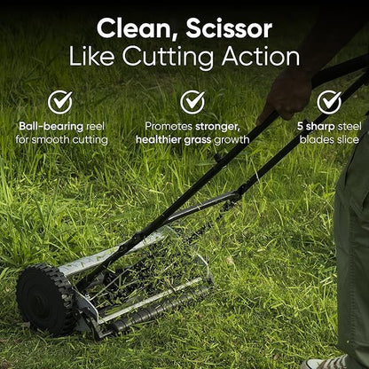 16" Push Reel Lawn Mower – Manual 5-Blade Hand Mower with Adjustable 3-Position Cutting Height (0.5"–1.75") – Lightweight, Eco-Friendly, Steel Blades – 2-Year Warranty