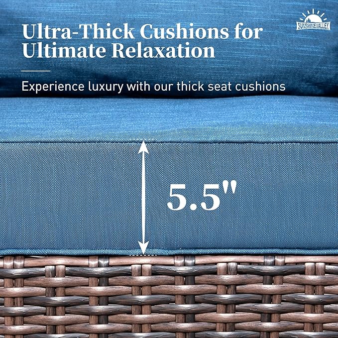 Patio Wicker Swivel Chairs Set of 2, Outdoor High Back Chairs with 5.5" Waterproof Cushions and Side Table, Outdoor Furniture Set for Deck Porch and Yard, Peacock Blue