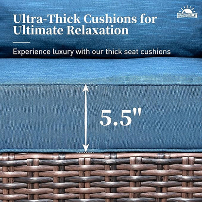 Patio Wicker Swivel Chairs Set of 2, Outdoor High Back Chairs with 5.5" Waterproof Cushions and Side Table, Outdoor Furniture Set for Deck Porch and Yard, Peacock Blue