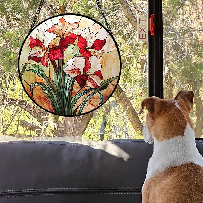 Stained Glass Window Hanging - Red Gladiolus Flower Suncatcher for Door Yard Sun Catchers Decor Christmas Mother's Day Birthday Gifts for Lovers Women Mom Nana Girlfriend Wife 11.8 in