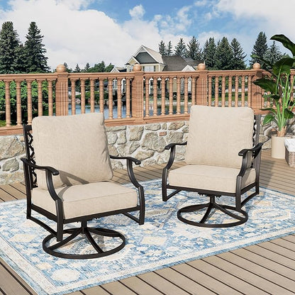 Swivel Patio Chairs Set of 2, High Back Outdoor Swivel Patio Metal Chairs with 5.75" Thick Cushions for Bistro Balcony Porch Deck and Yard, Beige