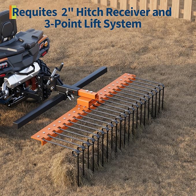 60 in Durable Pine Straw Rake, Steel Spring Landscape Rake Fits 2 in Receiver for Lawn Tractors or ATV/UTV, Orange