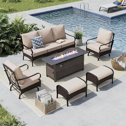 MFSTUDIO 6 PCS Outdoor Patio Furniture Set, Metal Outdoor Conversation Set, Rattan Wicker Patio Sectional Set with 2 x Rocking Single Sofa, 3-Seat Sofa, 2 x Ottoman, 1 x Fire Pit Table, Beige