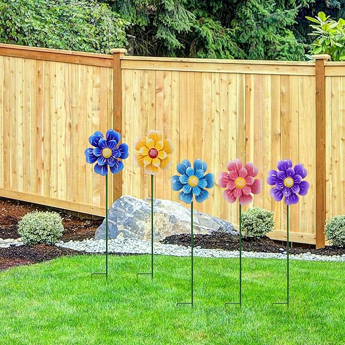 Metal Flower Wind Spinner Garden Lawn Stakes Yard Art, 27 Inch Windmill Outdoor Garden Iron Handicraft Lawn Ornament, Outside Front Metal Yard Art Decor, 5 pieces Outdoor Front Porch Patio Decorations