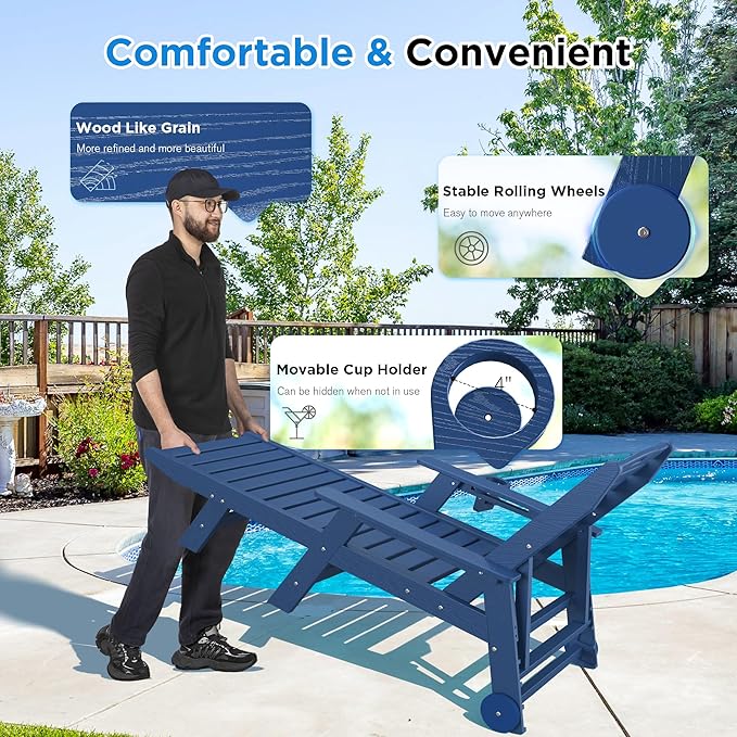 nalone Outdoor Chaise Lounge Chair Set of 2 with Wheels & Cup Holder, HDPE Pool Lounge Chairs with 5-Position Adjustable Backrest Supports Up to 400 LBS for Patio Poolside Deck Beach(Navy Blue)
