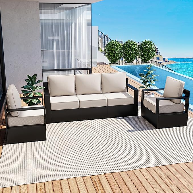 Outdoor Patio Furniture Set, 3-Piece Aluminum Patio Conversation Set All-Weather Metal Outdoor Sectional with 6 Inch Thick Cushions, Deep Setting for Garden, Outside and Porch