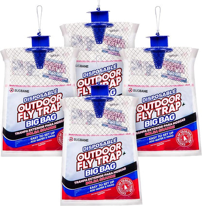 Fly Traps Outdoor Fly Trap for Patio. 4 Large Non-Toxic Pre-Baited Flies Bags Outdoor Disposable. Big Hanging Bug Catchers for All Filth Flies Killer for Outside Bug Control in Yard Horse Ranch
