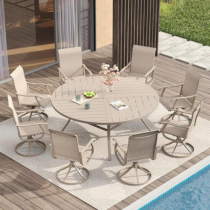 VICLLAX 9 Pieces Patio Dining Set for 8 Includes 60" Outdoor Round Table and 8 Patio Swivel Chairs for Lawn Garden, Sandshell Color Tabletop and Fabric