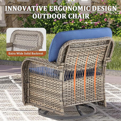9 Pieces Patio Furniture Set Outdoor Sectional Sofa Couch with Rocking Swivel Chairs 5" Deep Seat Chairs, Modern Wicker Rattan Conversation Set, Blue/Gray Wicker
