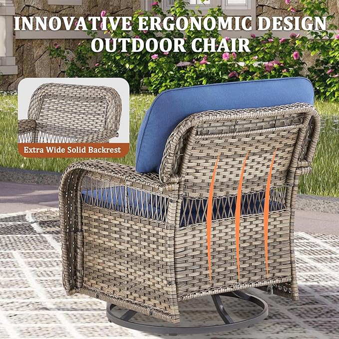 8 Pieces Patio Furniture Set Outdoor Sectional Sofa Couch with Rocking Swivel Chairs 5" Deep Seat Chairs, Modern Wicker Rattan Conversation Set, Blue/Gray Wicker