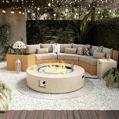 UPHA 42-inch Outdoor Propane Gas Fire Pit Table 50000 BTU Concrete Rectangle FirePit for Outside Patio with Propane Tank Cover, Wind Guad, White Glass Rocks, Rain Cover,Beige