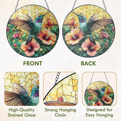 FLAGWIX Christmas Hummingbird Gifts for Women Men - Stained Glass Window Hanging 10 in - Sun Catchers Indoor Window for Home Decor, Hibiscus Hummingbird Suncatcher, Christmas Decorations