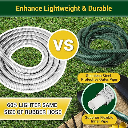Garden Hose - Water Hose 50 FT with Swivel Handle & 8 Function Nozzle, Flexible, Heavy Duty, No Kink, Lightweight Metal Hose for Outdoor, Yard, 304 Stainless Steel