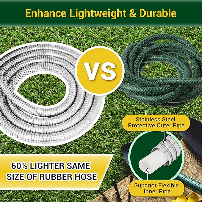 Garden Hose - Water Hose 75 FT with Swivel Handle, Flexible, Heavy Duty, No Kink, Lightweight Metal Hose for Outdoor, Yard, 304 Stainless Steel