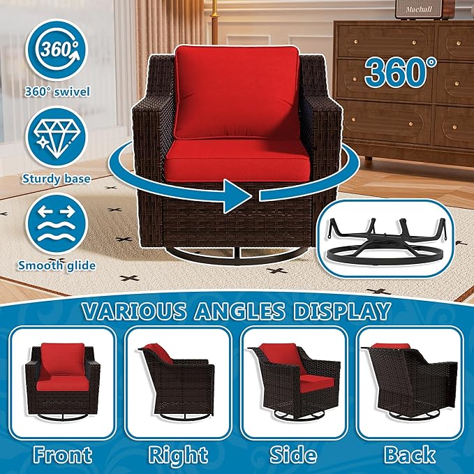Vista Vibe 5 Pieces Outdoor Rattan Patio Conversation Furniture Set - 360 Degree Swivel Glider Rocker Chairs | Coffee Table | 2 Wicker Ottomans, Premium & Washable Cushions, Terrace (Brown/Red)