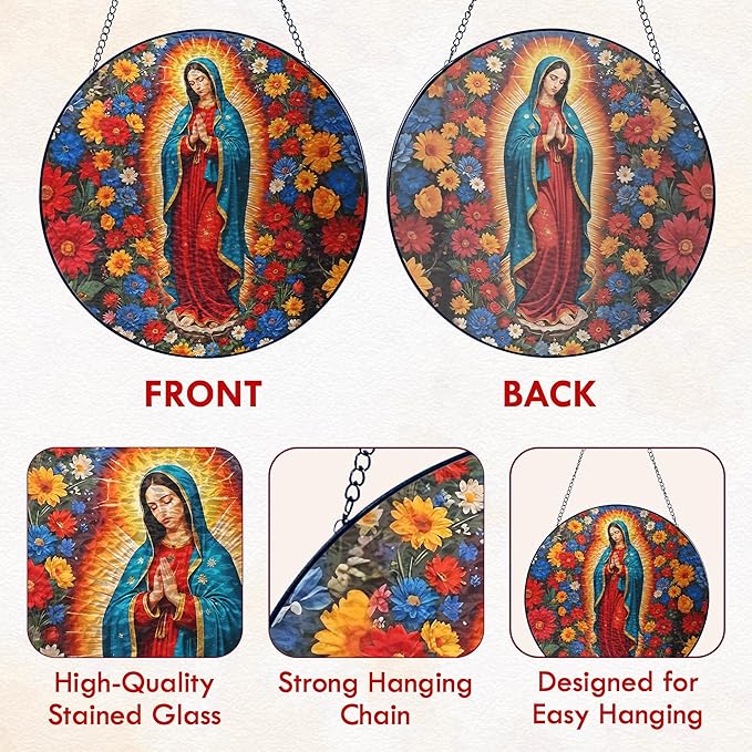 FLAGWIX Christmas Christian Gifts for Women - Virgen De Guadalupe Stained Glass Window Hanging 8 in - Religious Gifts for Women, Our Lady of Guadalupe Sun Catchers Indoor Window for Hanging Decor