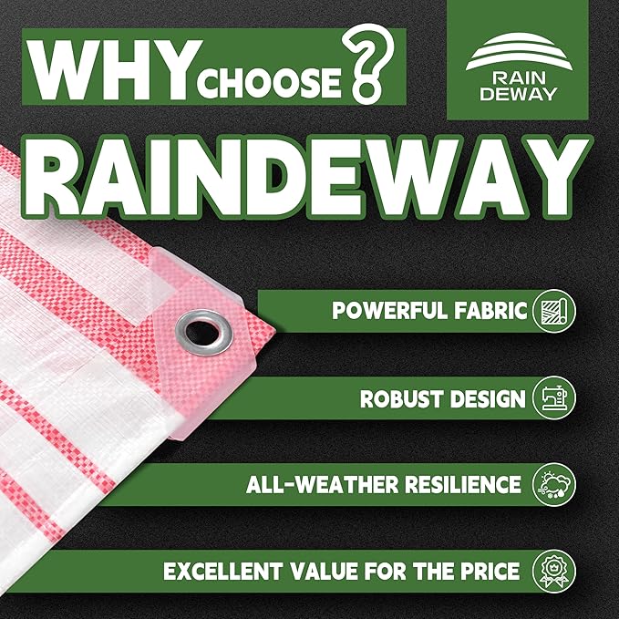 RAINDEWAY Tarps 7x30 Feet,12 Mil Sunshade Striped Tarp Waterproof,Multipurpose Poly Tarp Cover with Grommets and Reinforced Edges,Red/White Tarps