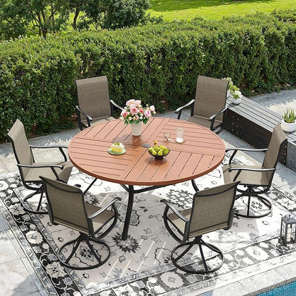 DIFY 7 Pieces Outdoor Patio Dining Set, 6 Brown Textilene Swivel Dining Chairs and 53.1" Walnut Round Metal Dining Table, Outdoor Table and Chairs