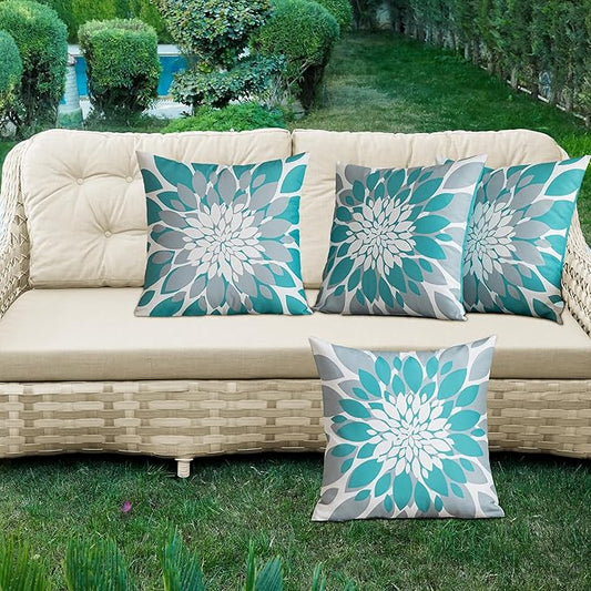 Qahing Pack of 4 Outdoor Waterproof Pillow Covers 24x24 Decorative Outdoor Throw Pillows Garden Square Cushion Cases for Patio Furniture, Couch, Tent Sunbrella, Bench, Teal Turquoise Grey