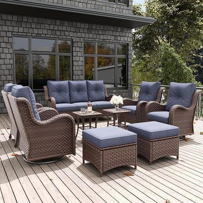 LayinSun 9 Pieces Outdoor Patio Furniture Set, Rattan Wicker Sectional Swivel Rocker Chairs Sets with Ottomans, Swivel Glider Chairs,Single Chairs and Coffee Table