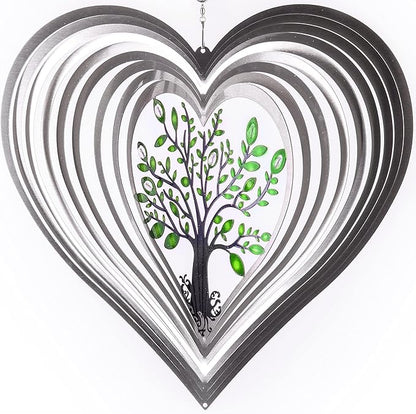 ISEO Silver Heart Wind Spinner for Yard and Garden with Crystals, Hanging Outdoor Decor, Yard Art, Porch and Patio Decorations, Metal Wind Spinners Outdoor, Weather Resistant, 15”